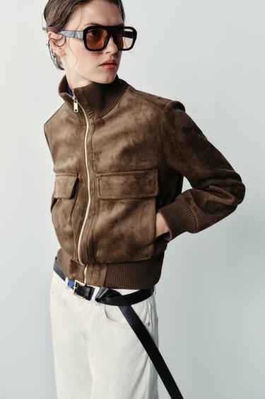 Zara FAUX SUEDE BOMBER JACKET - Chocolate Brown