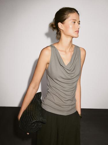 Zara 100% cotton top with draped neckline - Light khaki