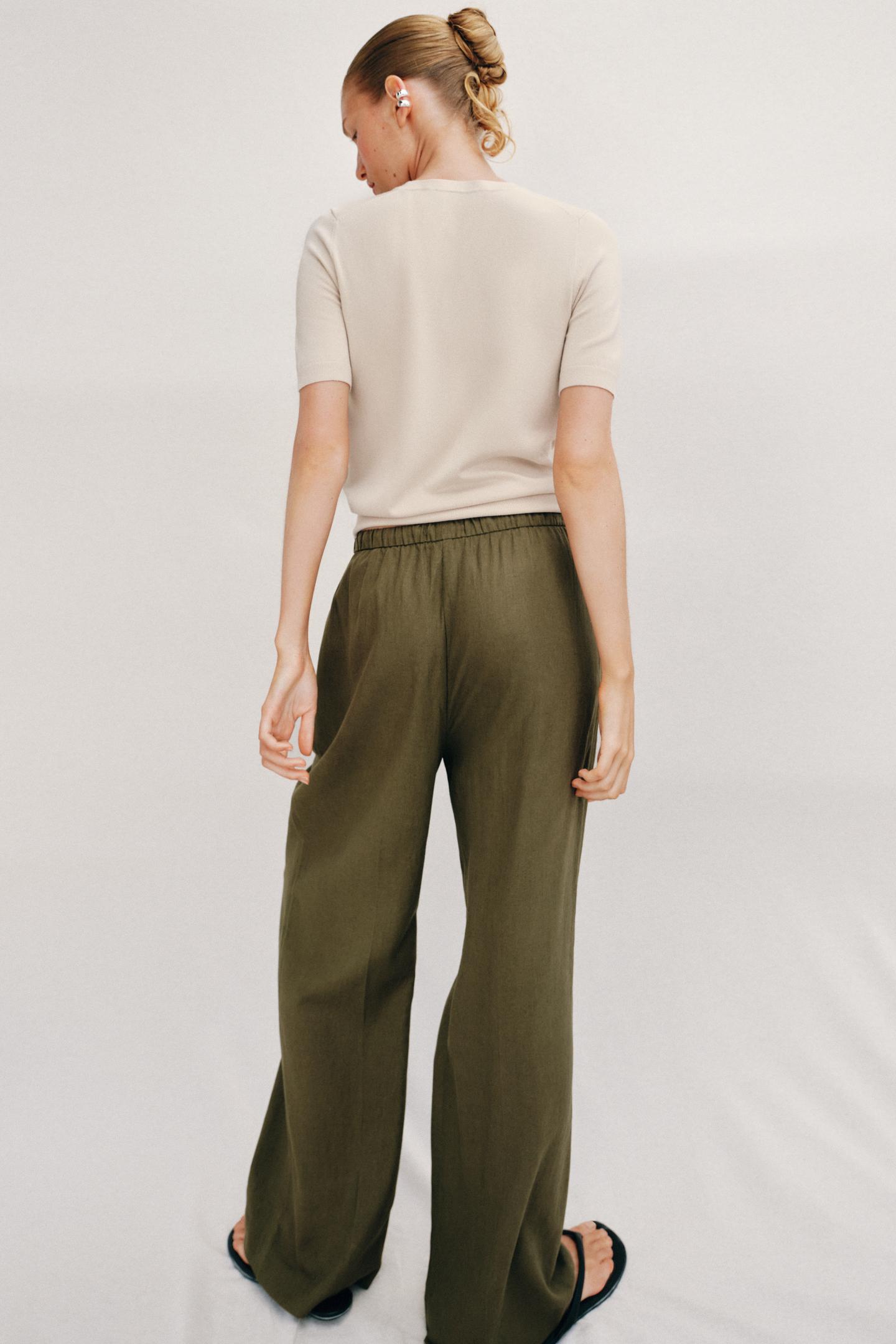 Женские брюки Zara Linen Straight Leg, цвет: Хаки — фото 5