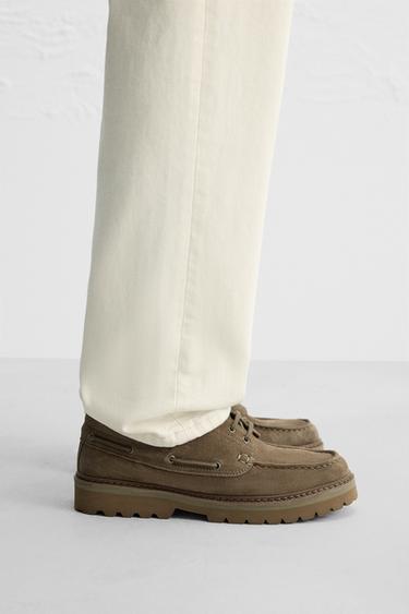 LEATHER DECK SHOES - Khaki Green by Zara - Image 0