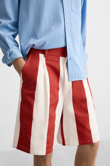 Zara PLEATED STRIPED SHORTS - White / Red