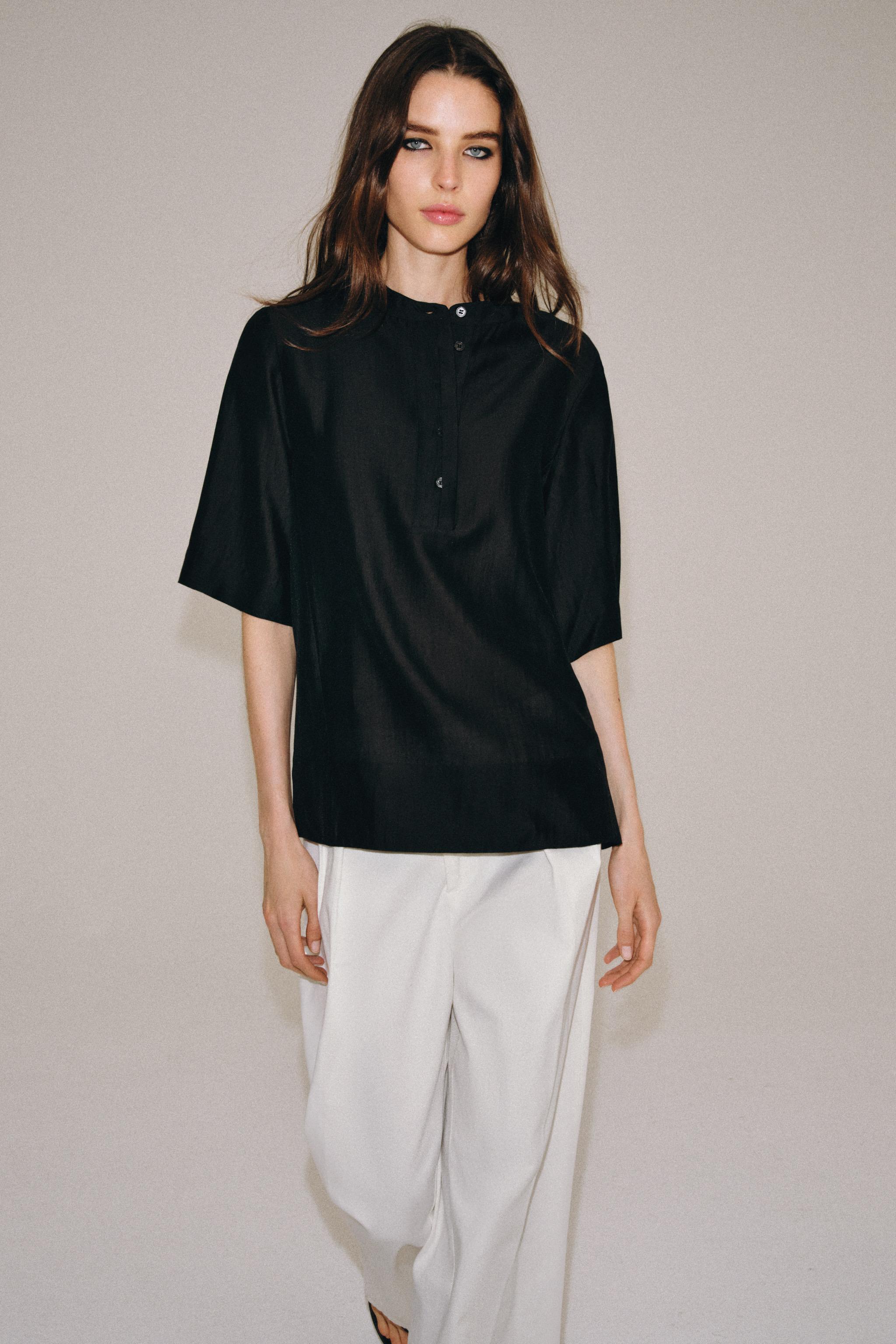SHORT SLEEVE FLOWY BLOUSE ZW COLLECTION — Black (alternate view)