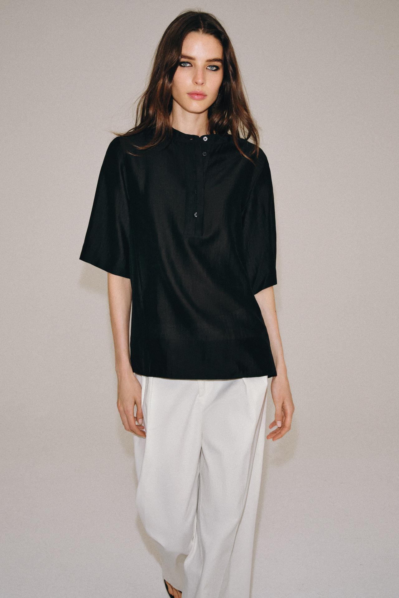 SHORT SLEEVE FLOWY BLOUSE ZW COLLECTION — Black