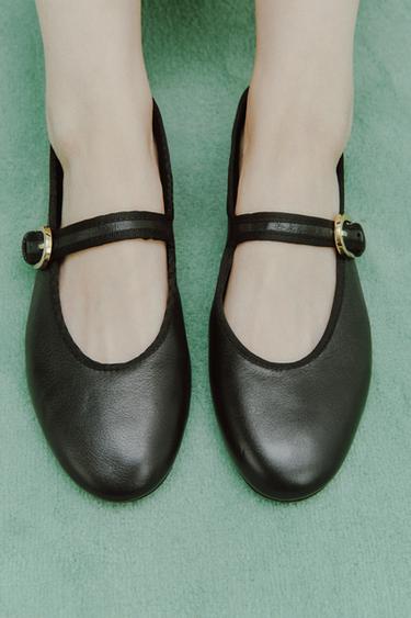 FLAT LEATHER BALLERINAS - Black by Zara - Image 0