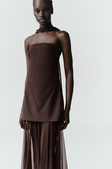 MIDI DRESS WITH SCARF DETAIL - Brown by Zara