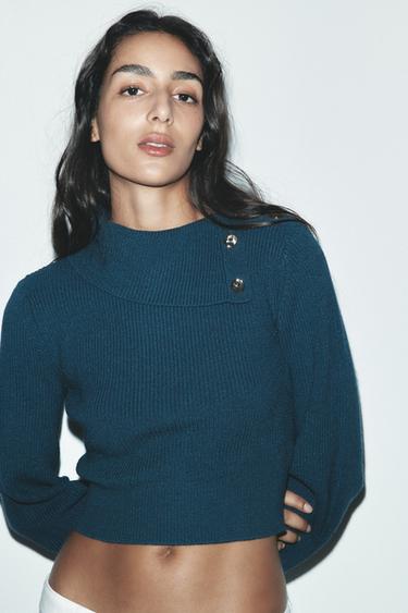 KNIT SWEATER WITH BUTTON COLLAR - Blue / Indigo by Zara