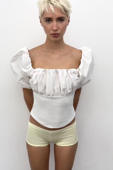 TOP COMBINADO MANGA GLOBO - Blanco de Zara