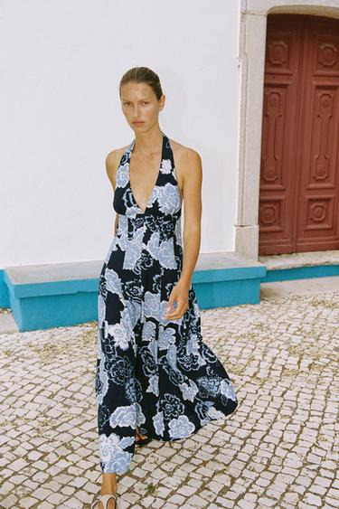 VESTIT MIDI HÀLTER AMB ESTAMPAT FLORAL - Marí / Blanc de Zara