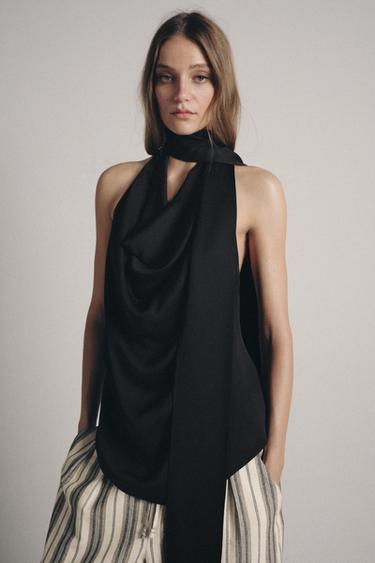 ZW COLLECTION HALTER SCARF TOP WITH FRINGING - Black by Zara