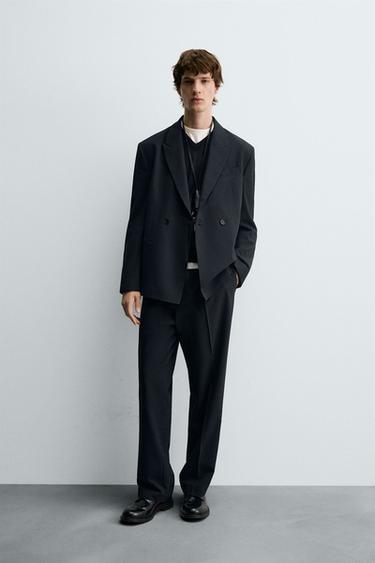 Zara STRIPED SUIT PANTS - Dark navy