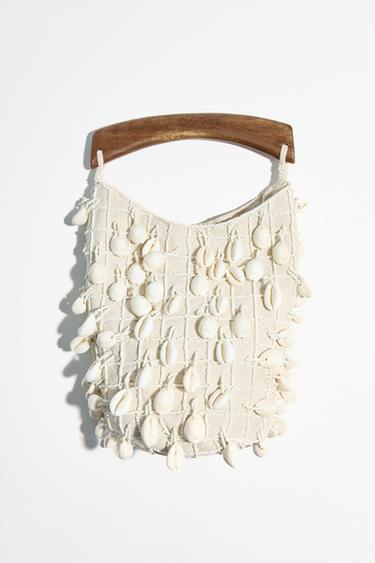 Zara BEADED FABRIC BUCKET BAG - Light beige