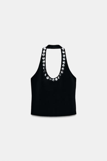 スタッズ ホルターネックトップスブラックZaraのスタッズ ホルターネックトップス - ブラック 
