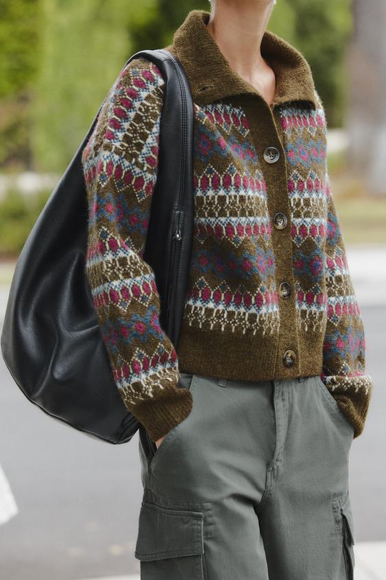 VESTE EN MAILLE JACQUARD - Vert olive de Zara - Image 3