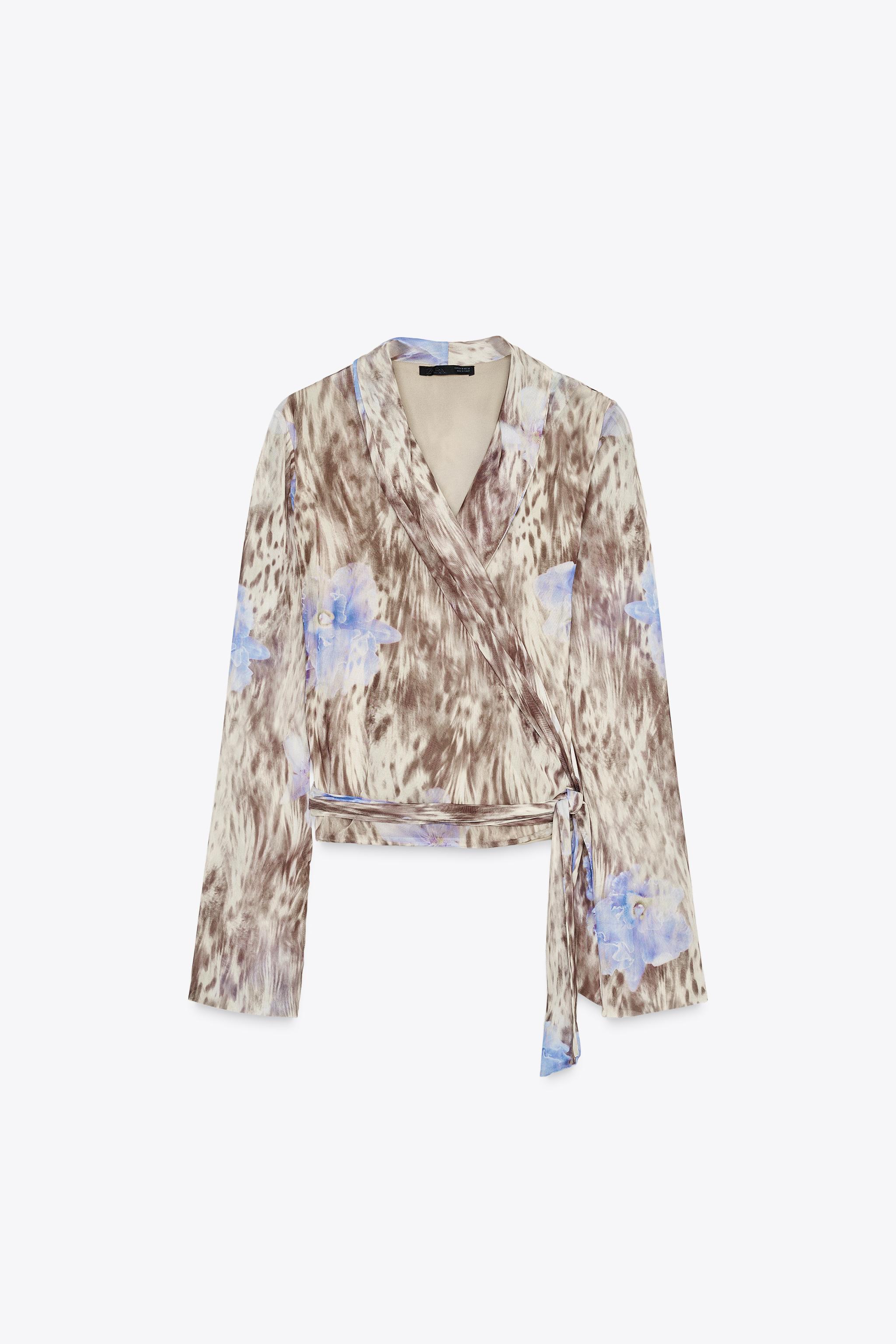 PRINTED TULLE WRAP TOP - Brown-Blue | ZARA United States PRINTED TULLE WRAP TOP - Brown-Blue | ZARA United States