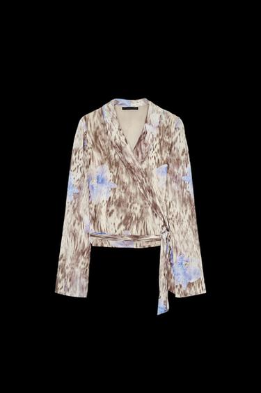 Zara PRINTED TULLE WRAP TOP - Brown-Blue - Image 0