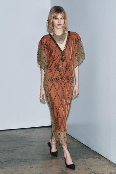 КОМБИНИРОВАННОЕ ПЛАТЬЕ ИЗ БАРХАТА С ПАЙЕТКАМИ И БУСИНАМИ LIMITED EDITION — ЧЕРЕПИЧНЫЙ от Zara