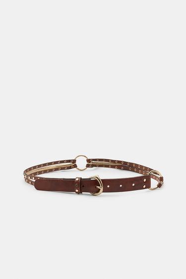 100% LEATHER CONTRAST STUDDED BELT - Brown by Zara
