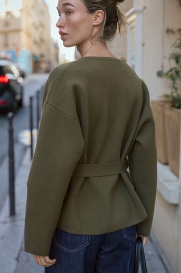 SHORT KNIT COAT WITH BELT - Dark green by Zara - Image 3