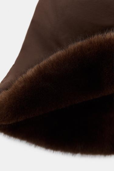 Zara FAUX FUR NYLON HAT - Brown