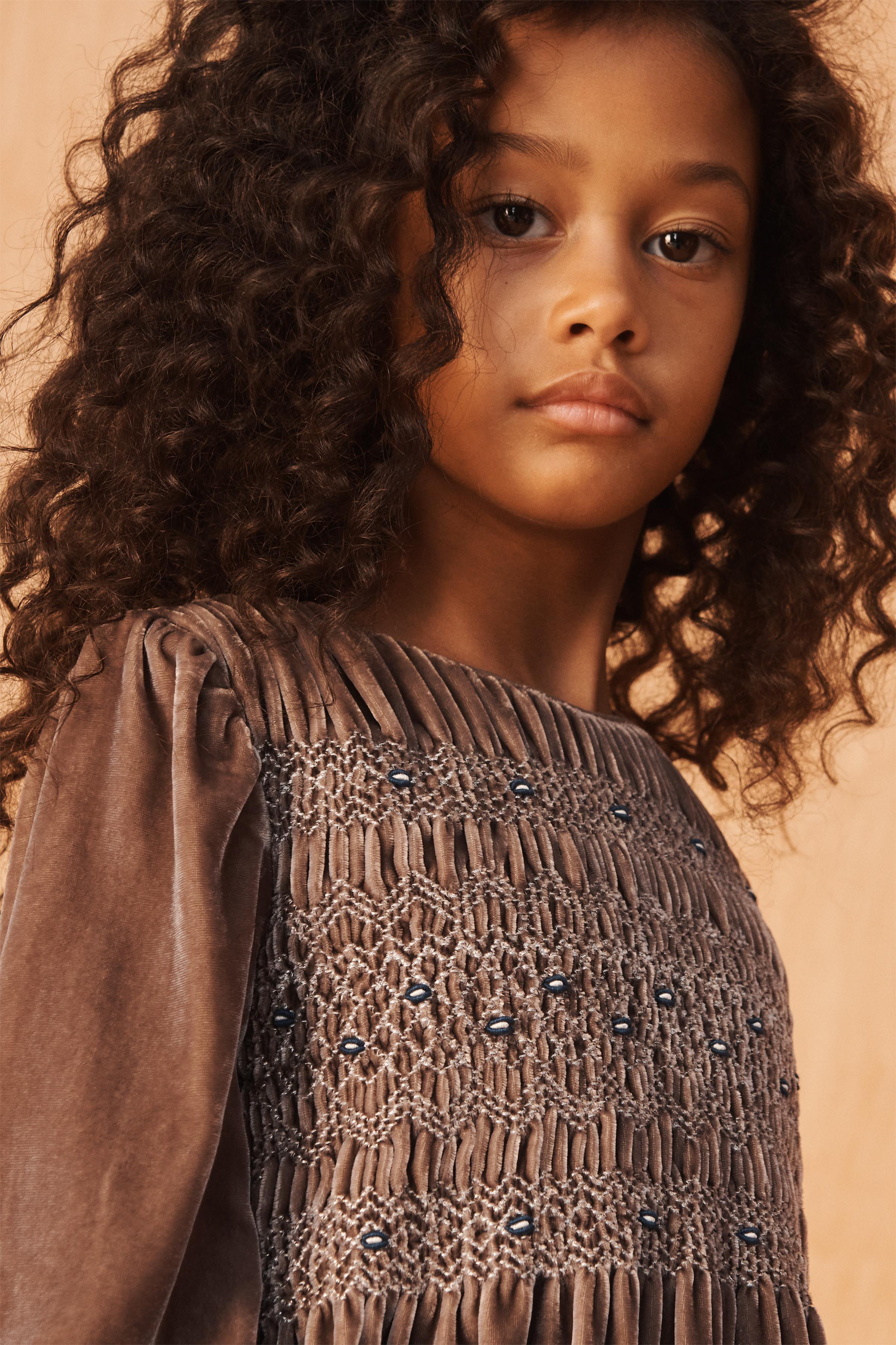 LIMITED EDITION EMBROIDERED SMOCKED VELVET DRESS