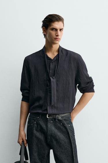 Zara FLOWY TIE SHIRT - Midnight blue