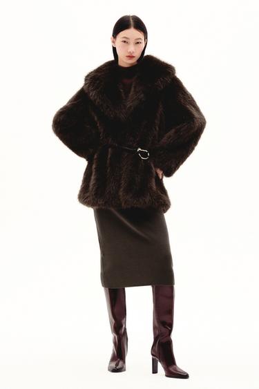 Zara 繫腰帶人造皮草大衣 - 棕色