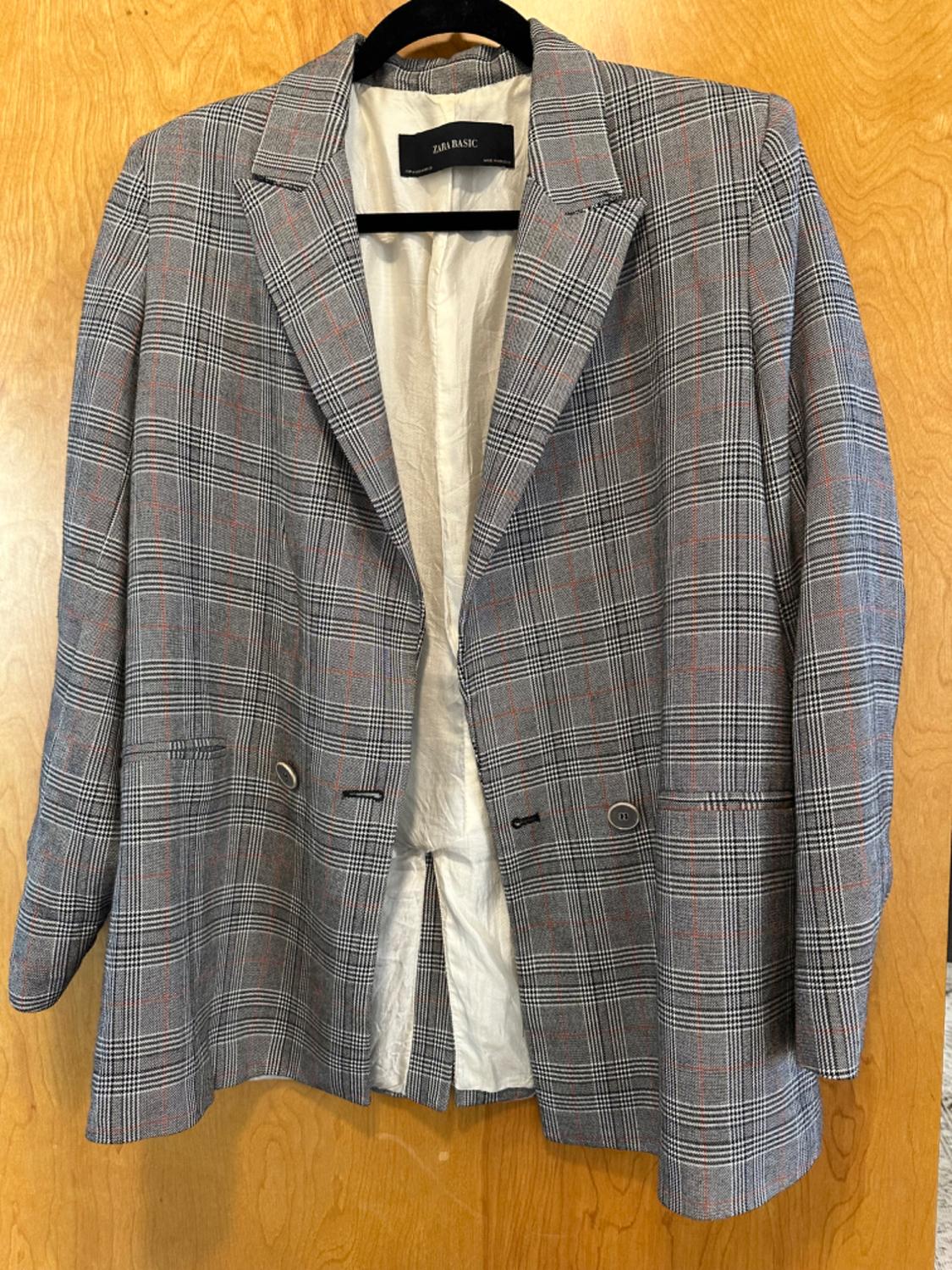DOUBLE BREASTED PLAID CHECKED BLAZER GRAY - Image 3