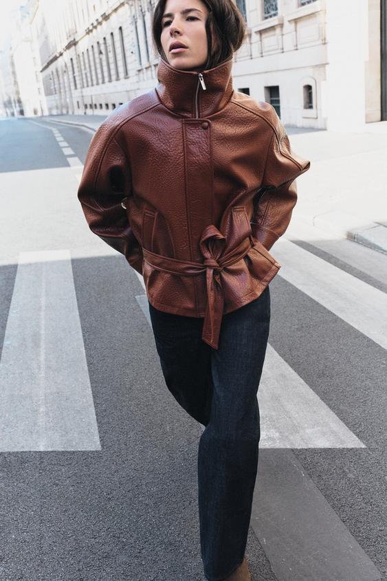 LEATHER EFFECT BELTED JACKET - MARSALA by Zara - Image 0