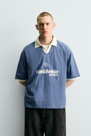 УКОРОЧЕННАЯ РУБАШКА ПОЛО С ПРИНТОМ — Синий/Белый от Zara