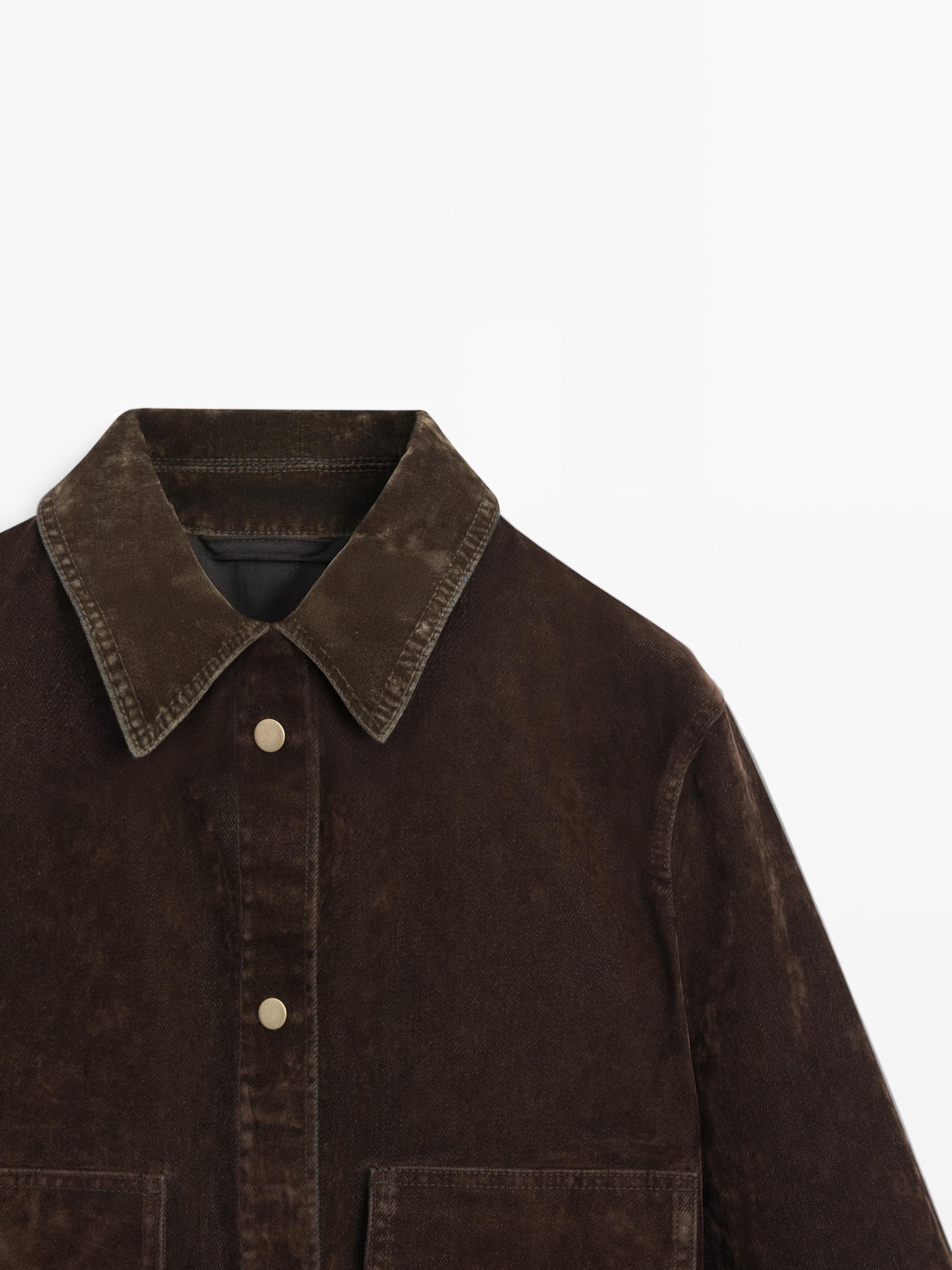 Short denim jacket with pockets and flocked finish