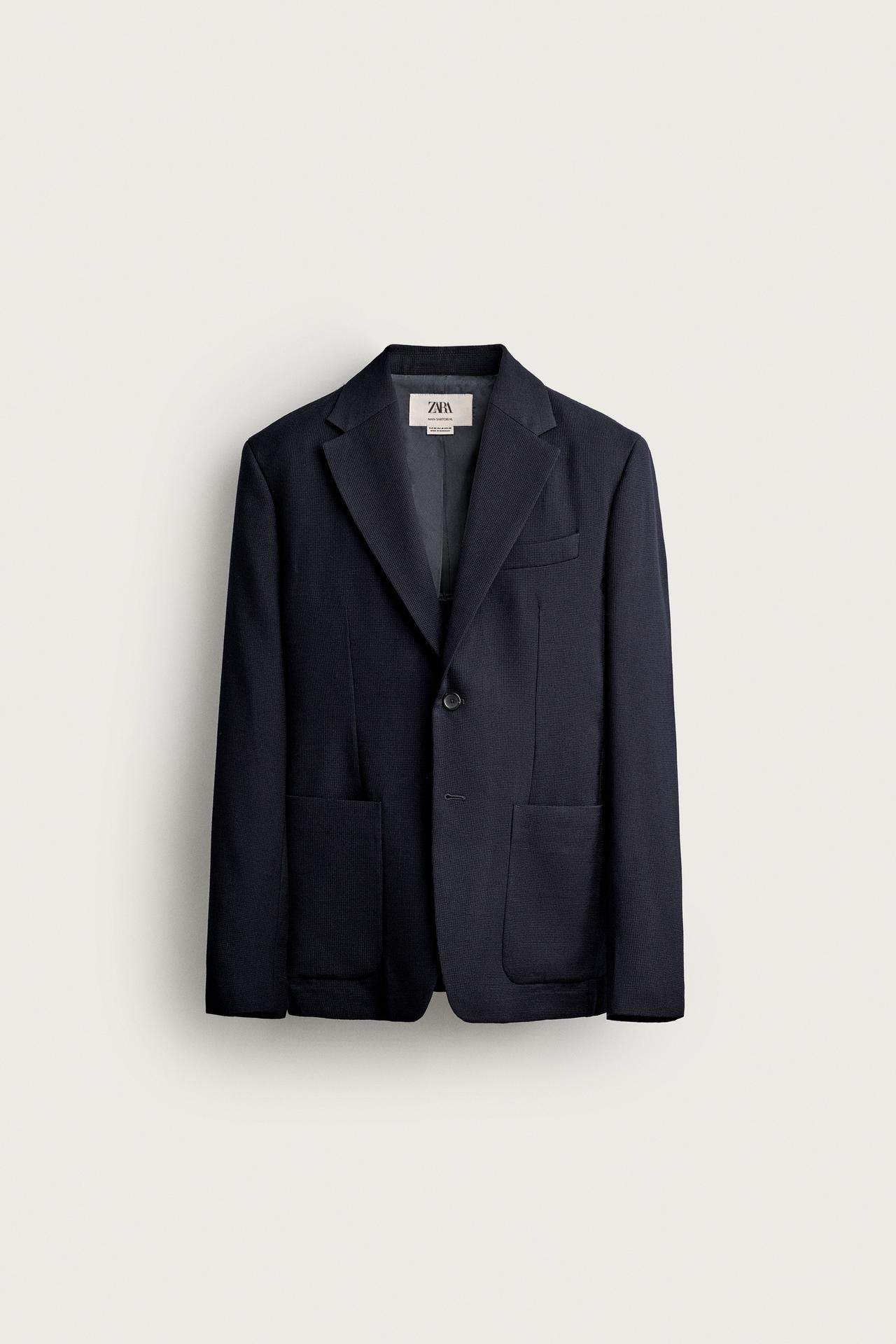 100% WOOL PLAID REGULAR FIT BLAZER — Navy blue