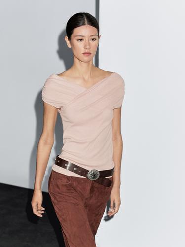 Zara 100% cotton surplice boat neck top - Pale pink