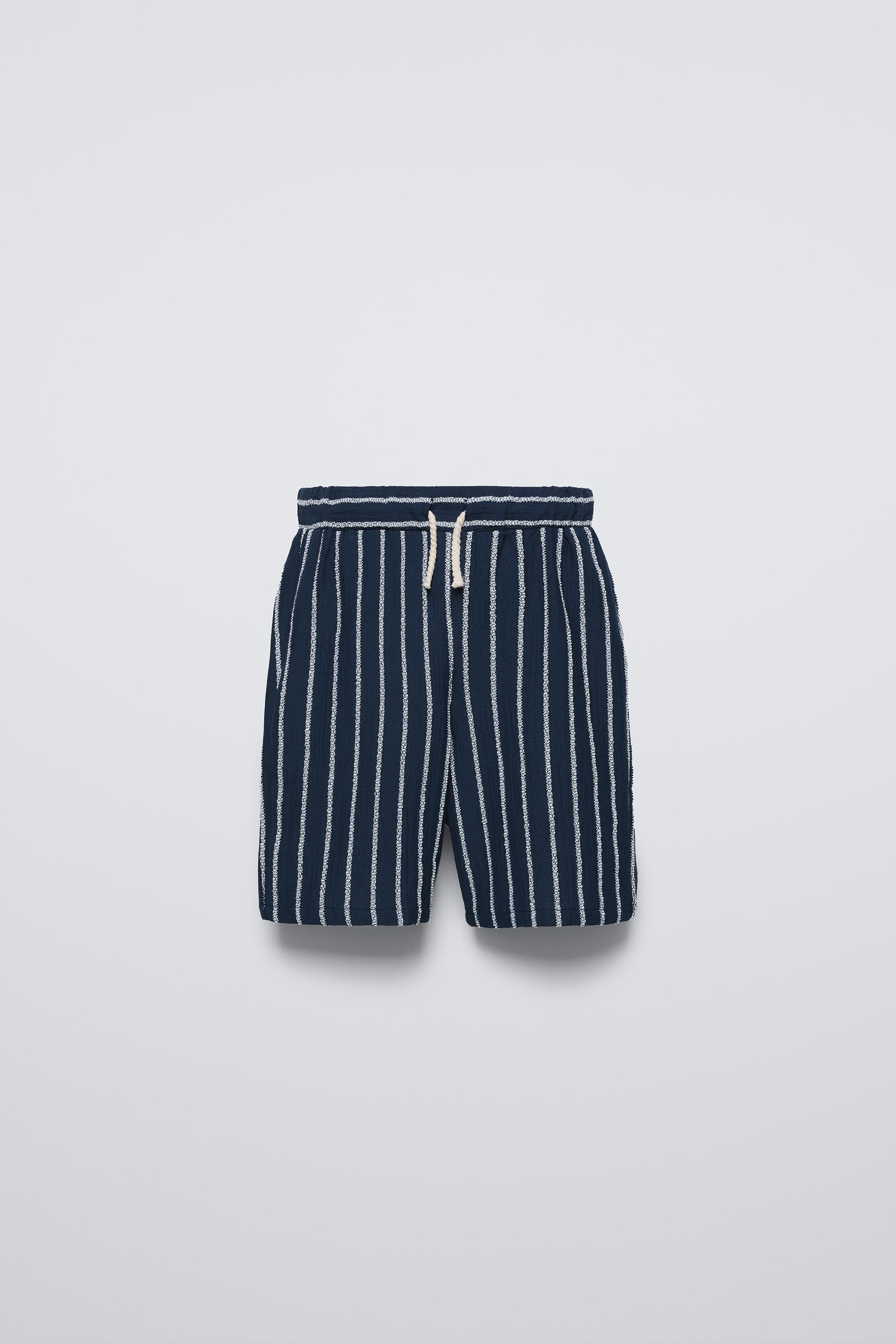 Navy and white striped shorts on sale