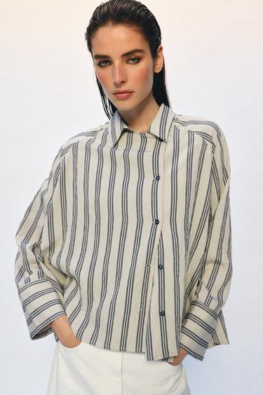 ZW COLLECTION OVERSIZE STRIPED SHIRT - Beige / Navy by Zara - Image 6