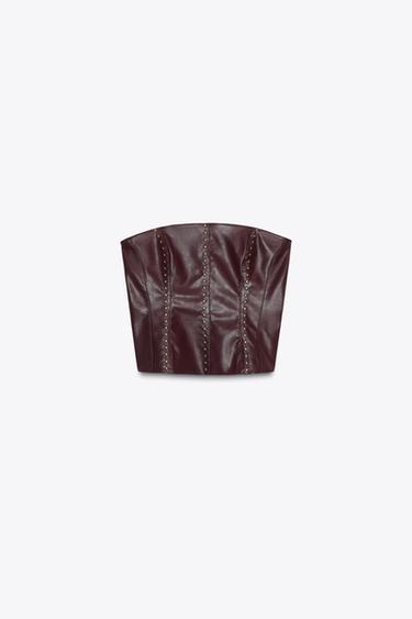 STUDDED FAUX LEATHER BANDEAU TOP - Burgundy by Zara - Image 6