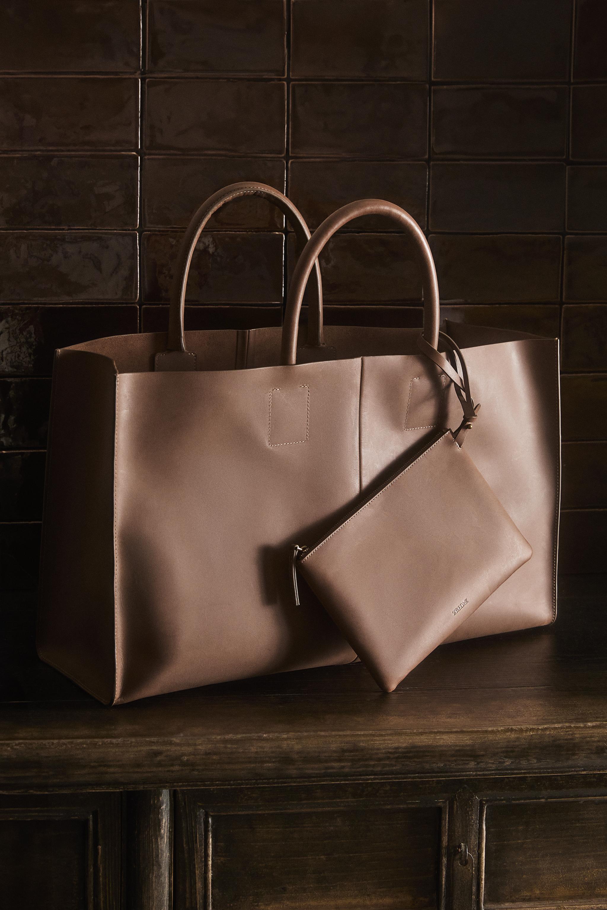 LEATHER TOTE BAG Brown ZARA Canada