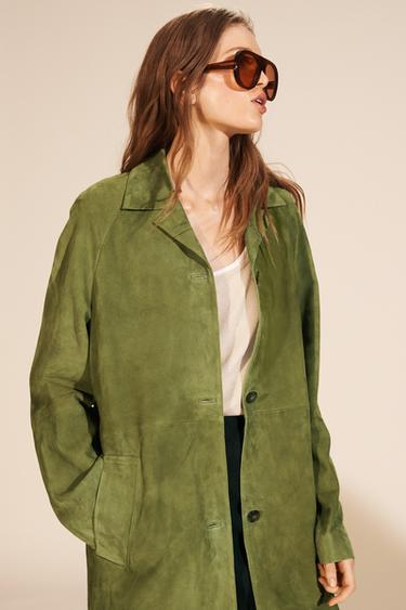 Zara 100% SUEDE LONG COAT LIMITED EDITION - Light green