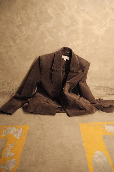 Zara 100% 皮革雙排扣西裝外套 - 卡其色