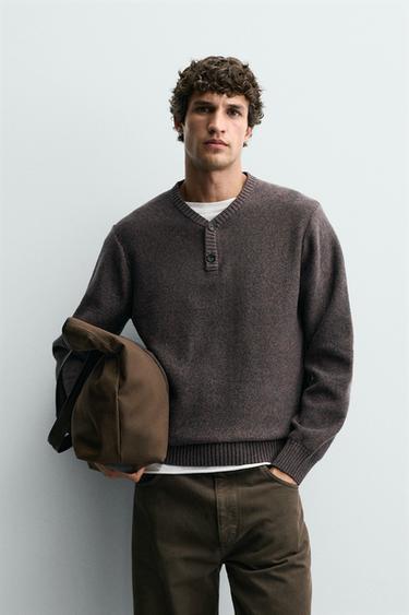 Zara BUTTON-NECK SWEATER - Brown