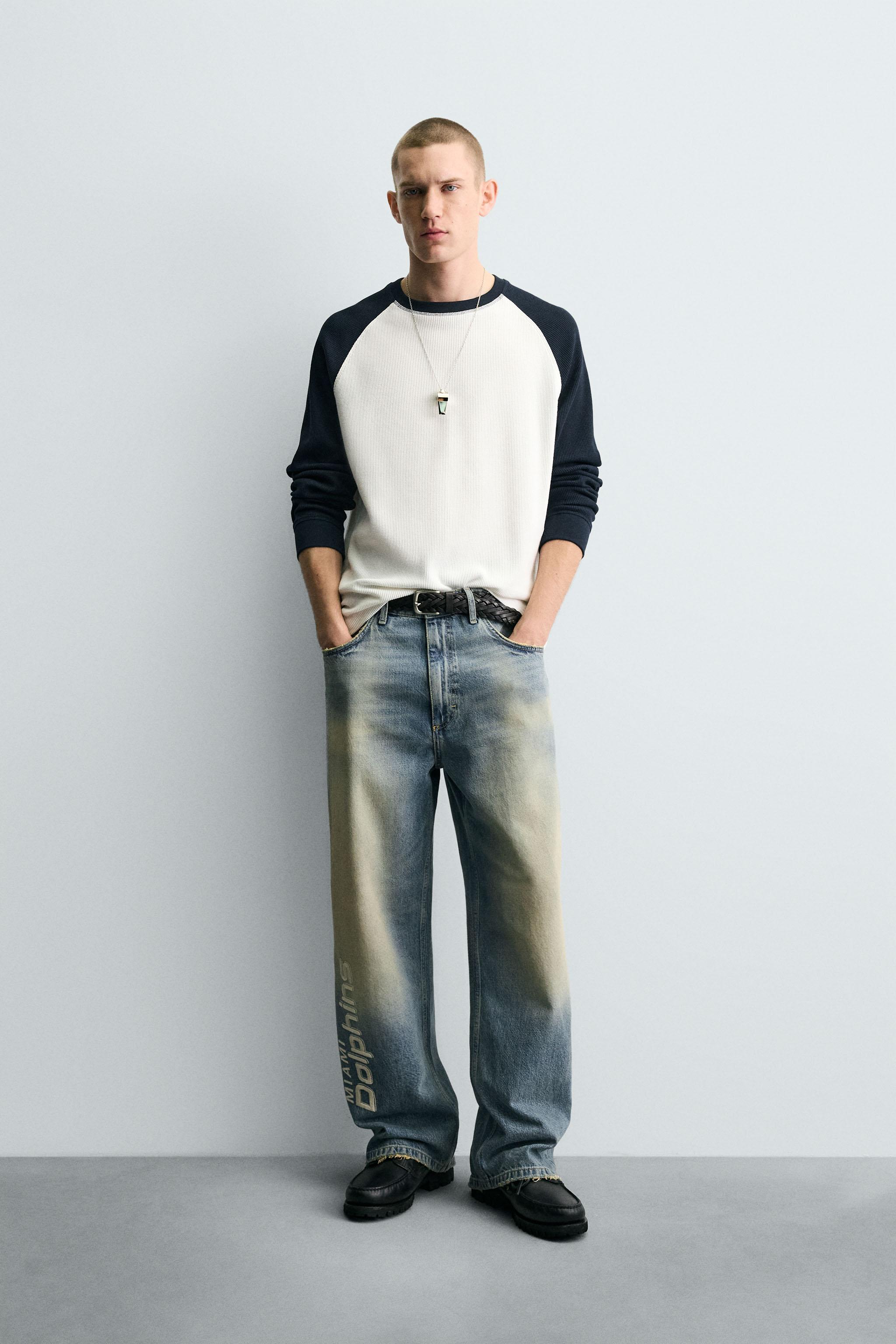 RELAXED FIT EMBROIDERED NFL MIAMI DOLPHINS JEANS - Mid-blue | ZARA