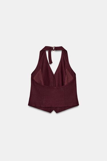 LINEN BLEND HALTER WAISTCOAT - Burgundy by Zara - Image 4