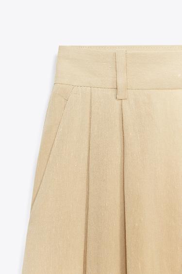 PANTALON LARGE À PINCES AVEC LIN - Marron clair de Zara - Image 9