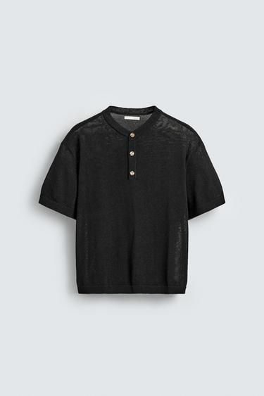 KNITTED HENLEY T-SHIRT - Black by Zara