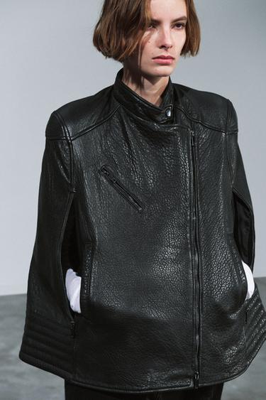 ZW COLLECTION 100% LEATHER BIKER CAPE — Black 1
