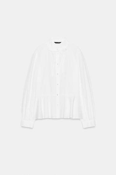 Zara TIED PEPLUM POPLIN SHIRT - White