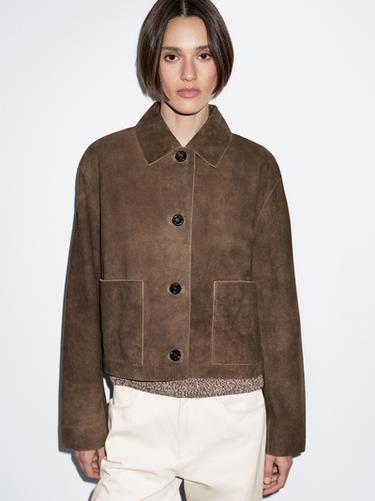 Zara Short suede leather jacket with pocket details - Brown