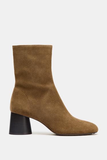 SPLIT SUEDE BLOCK HEEL ANKLE BOOTS - Sand Brown by Zara