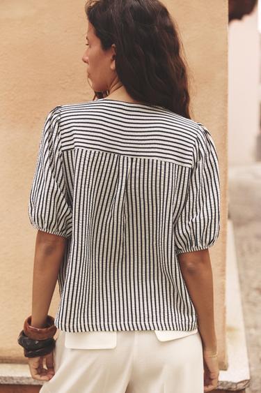 STRIPED BLOUSE WITH TIES - Ecru / Navy by Zara - Image 3