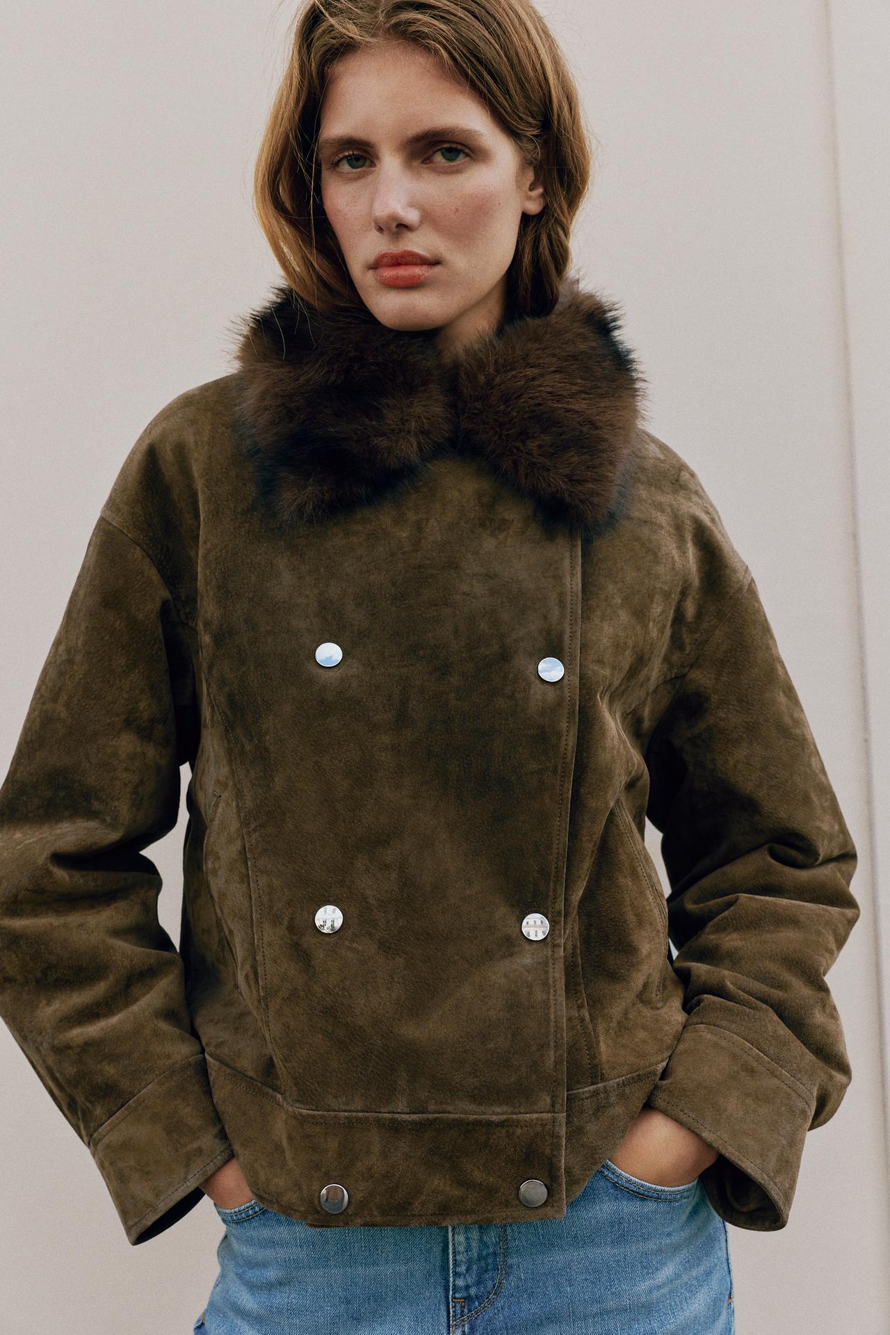 100% LEATHER JACKET WITH FAUX FUR COLLAR — Dark brown