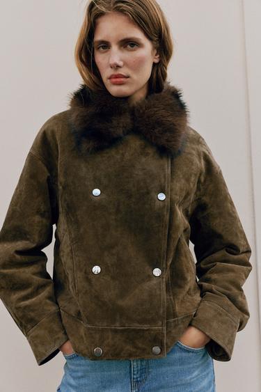 100% LEATHER JACKET WITH FAUX FUR COLLAR — Dark brown 1